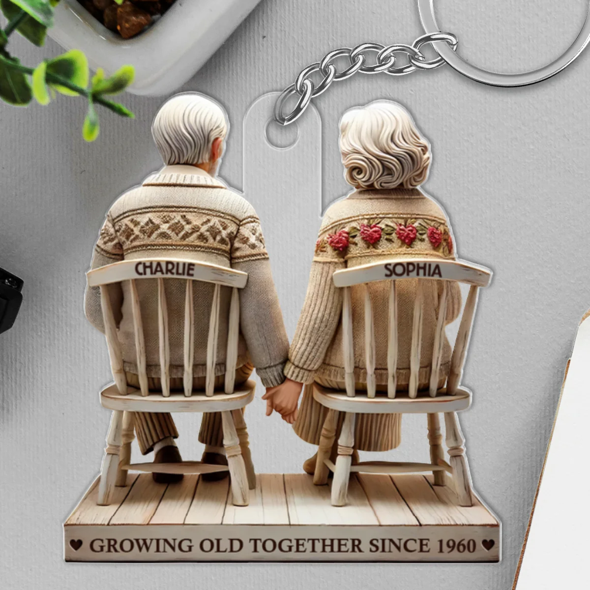 3D Effect Old Couple Holding Hands Sitting Together Personalized Keychain, Heartfelt Gift For Couple, For Him, For Her, Husband, Wife - Image 8