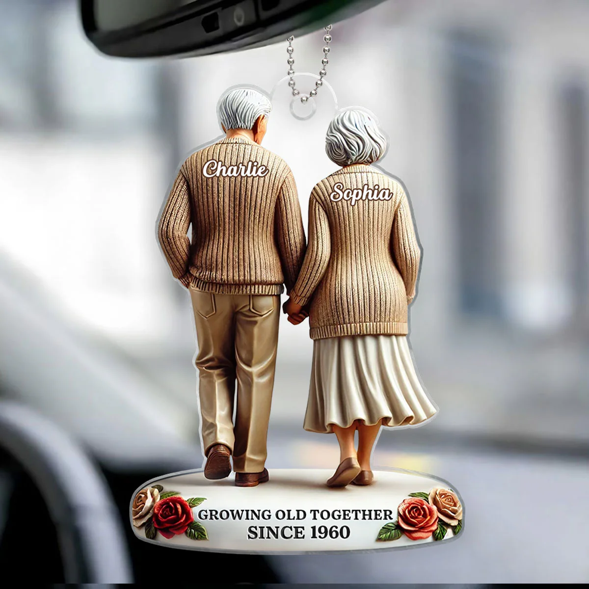 3D Effect Old Couple Holding Hands Walking Together Personalized Car Hanger Ornament, Heartfelt Gift For Couple, For Him, For Her, Husband, Wife - Image 2