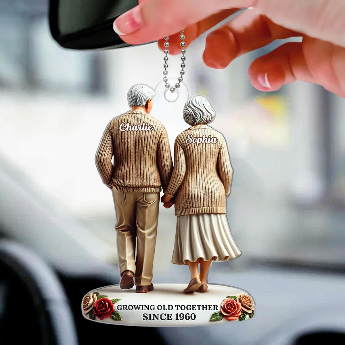 3D Effect Old Couple Holding Hands Walking Together Personalized Car Hanger Ornament, Heartfelt Gift For Couple, For Him, For Her, Husband, Wife - Image 5