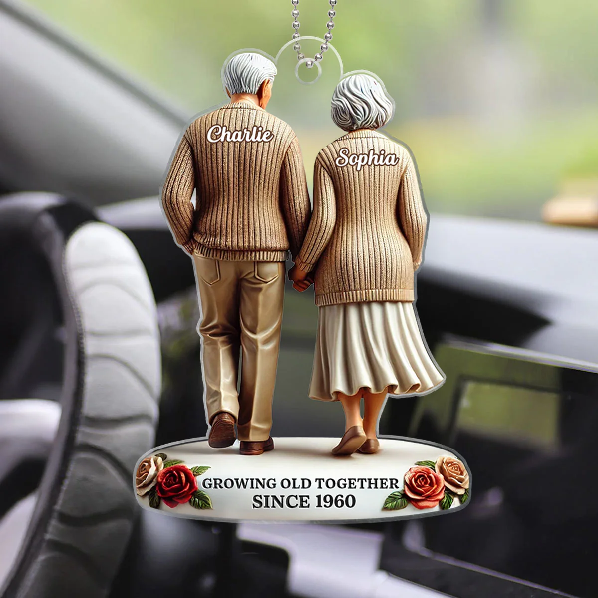 3D Effect Old Couple Holding Hands Walking Together Personalized Car Hanger Ornament, Heartfelt Gift For Couple, For Him, For Her, Husband, Wife - Image 6