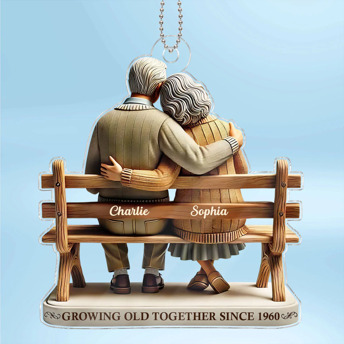 3D Effect Old Couple Sitting On Bench Growing Old Together Since Personalized Car Hanger Ornament, Heartfelt Gift For Couple, For Him, For Her, Husband, Wife - Image 2
