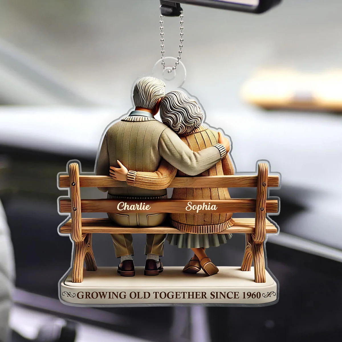 3D Effect Old Couple Sitting On Bench Growing Old Together Since Personalized Car Hanger Ornament, Heartfelt Gift For Couple, For Him, For Her, Husband, Wife - Image 3