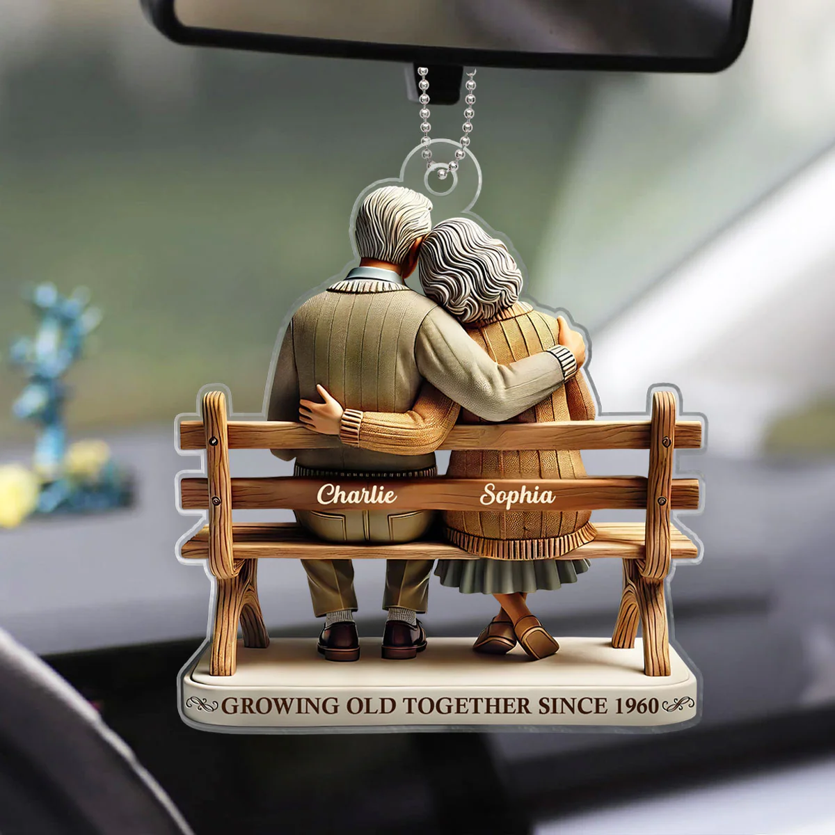 3D Effect Old Couple Sitting On Bench Growing Old Together Since Personalized Car Hanger Ornament, Heartfelt Gift For Couple, For Him, For Her, Husband, Wife - Image 4