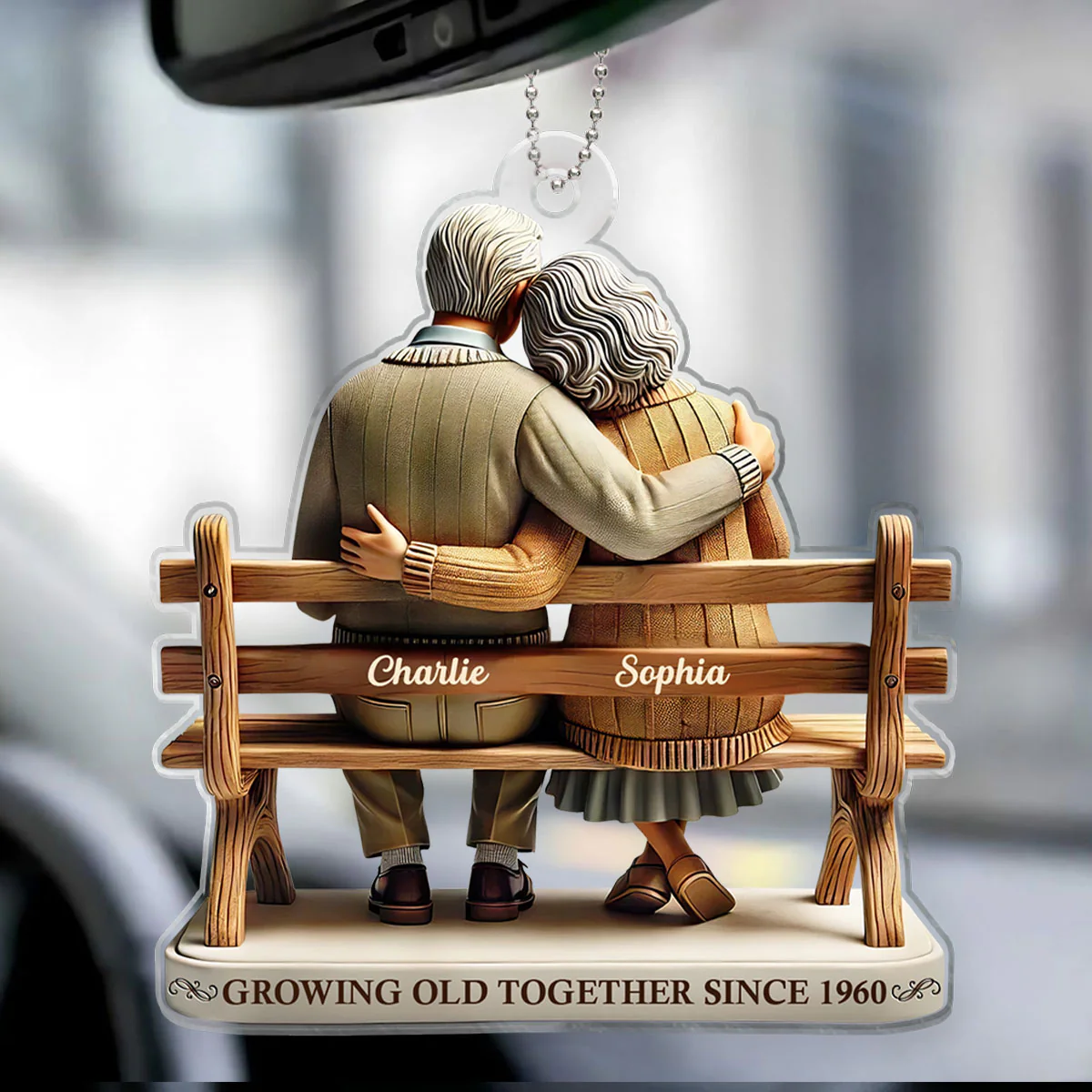 3D Effect Old Couple Sitting On Bench Growing Old Together Since Personalized Car Hanger Ornament, Heartfelt Gift For Couple, For Him, For Her, Husband, Wife - Image 5