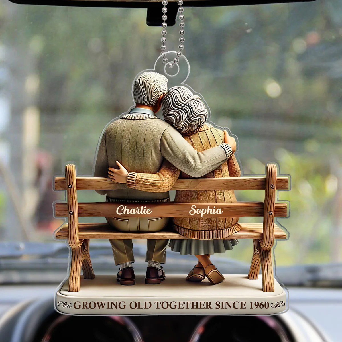 3D Effect Old Couple Sitting On Bench Growing Old Together Since Personalized Car Hanger Ornament, Heartfelt Gift For Couple, For Him, For Her, Husband, Wife - Image 6