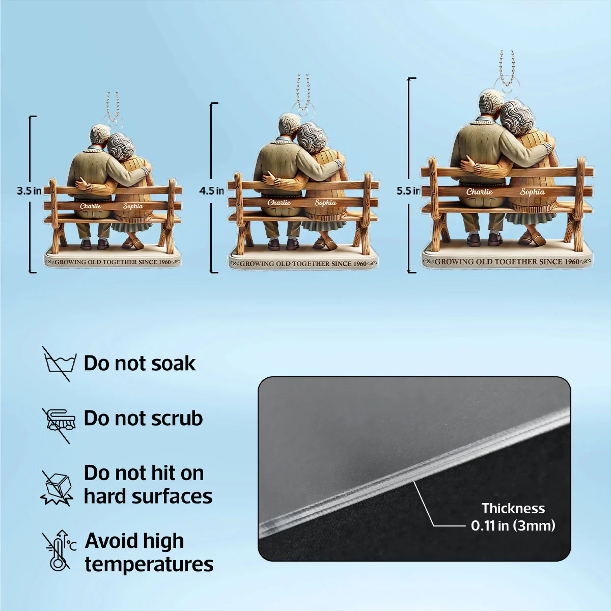 3D Effect Old Couple Sitting On Bench Growing Old Together Since Personalized Car Hanger Ornament, Heartfelt Gift For Couple, For Him, For Her, Husband, Wife - Image 7