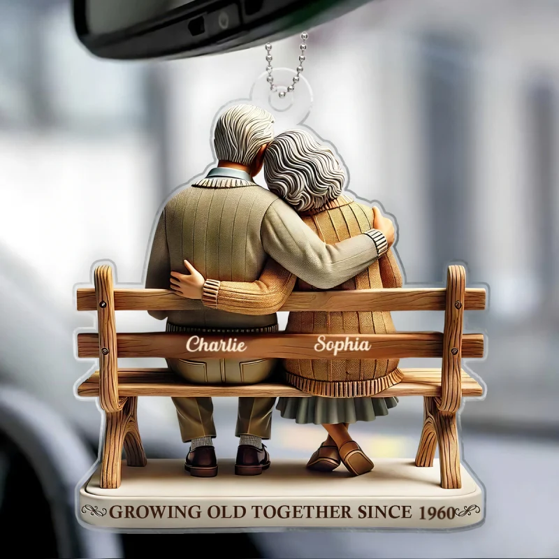 3D Effect Old Couple Sitting On Bench Growing Old Together Since Personalized Car Hanger Ornament, Heartfelt Gift For Couple, For Him, For Her, Husband, Wife - Image 8