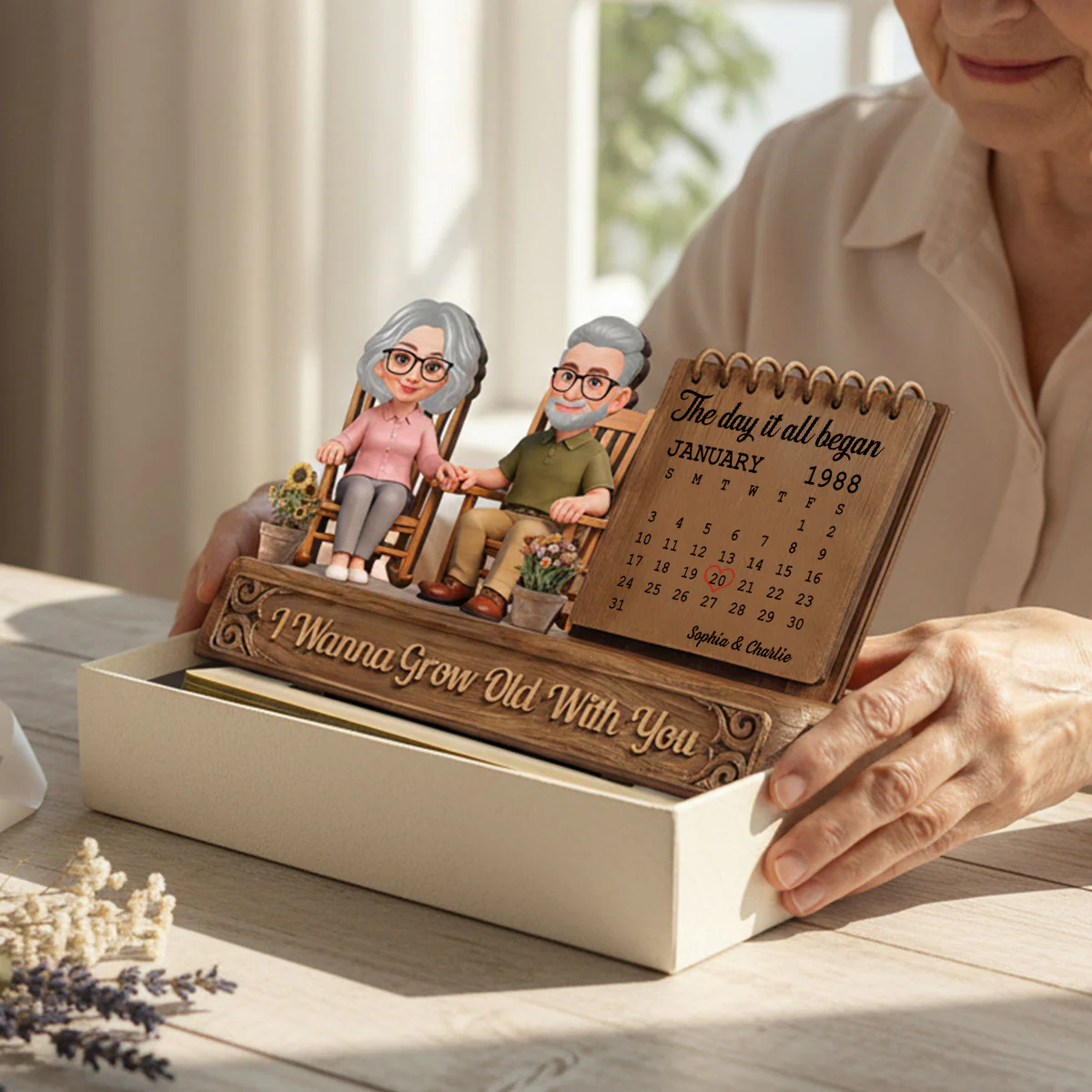 3D Effect Old Couple Sitting On Rocking Chair Anniversary Date Calendar - Personalized 2-Layered Wooden Plaque - Image 2