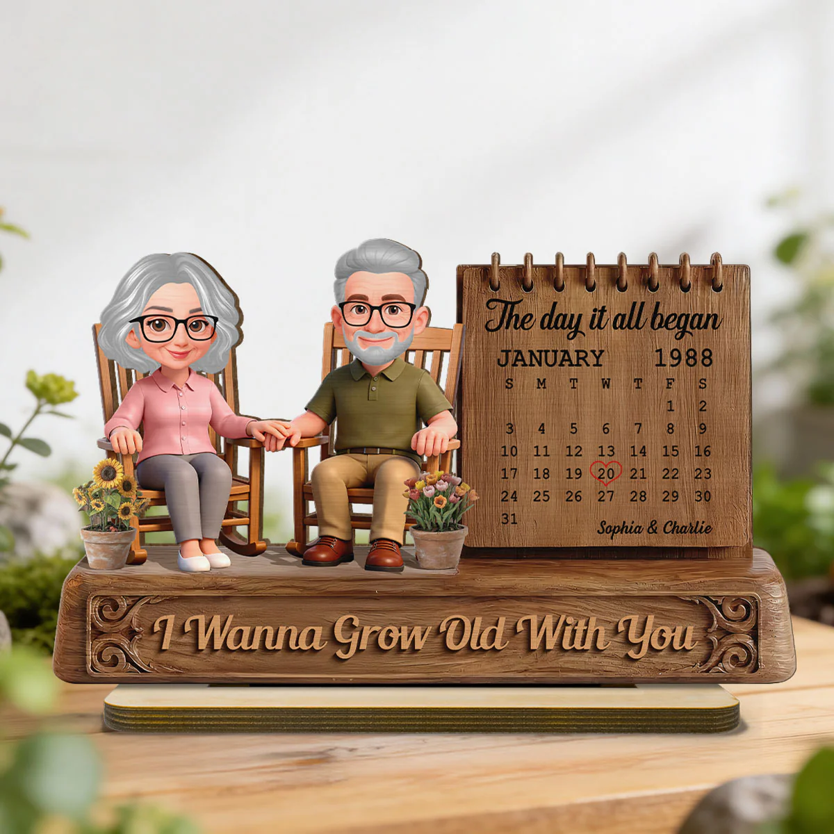 3D Effect Old Couple Sitting On Rocking Chair Anniversary Date Calendar - Personalized 2-Layered Wooden Plaque - Image 3