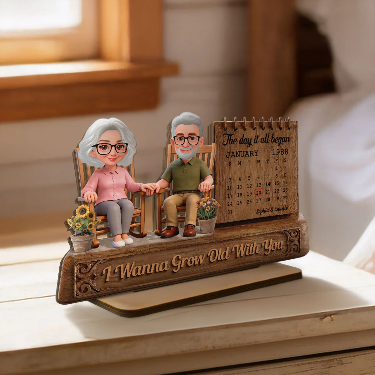 3D Effect Old Couple Sitting On Rocking Chair Anniversary Date Calendar - Personalized 2-Layered Wooden Plaque - Image 4
