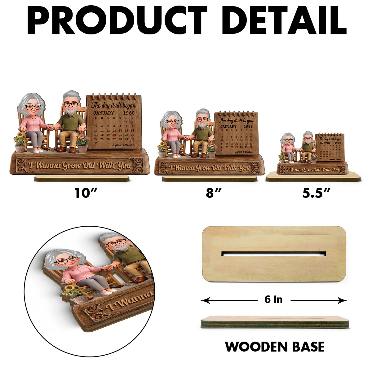 3D Effect Old Couple Sitting On Rocking Chair Anniversary Date Calendar - Personalized 2-Layered Wooden Plaque - Image 7