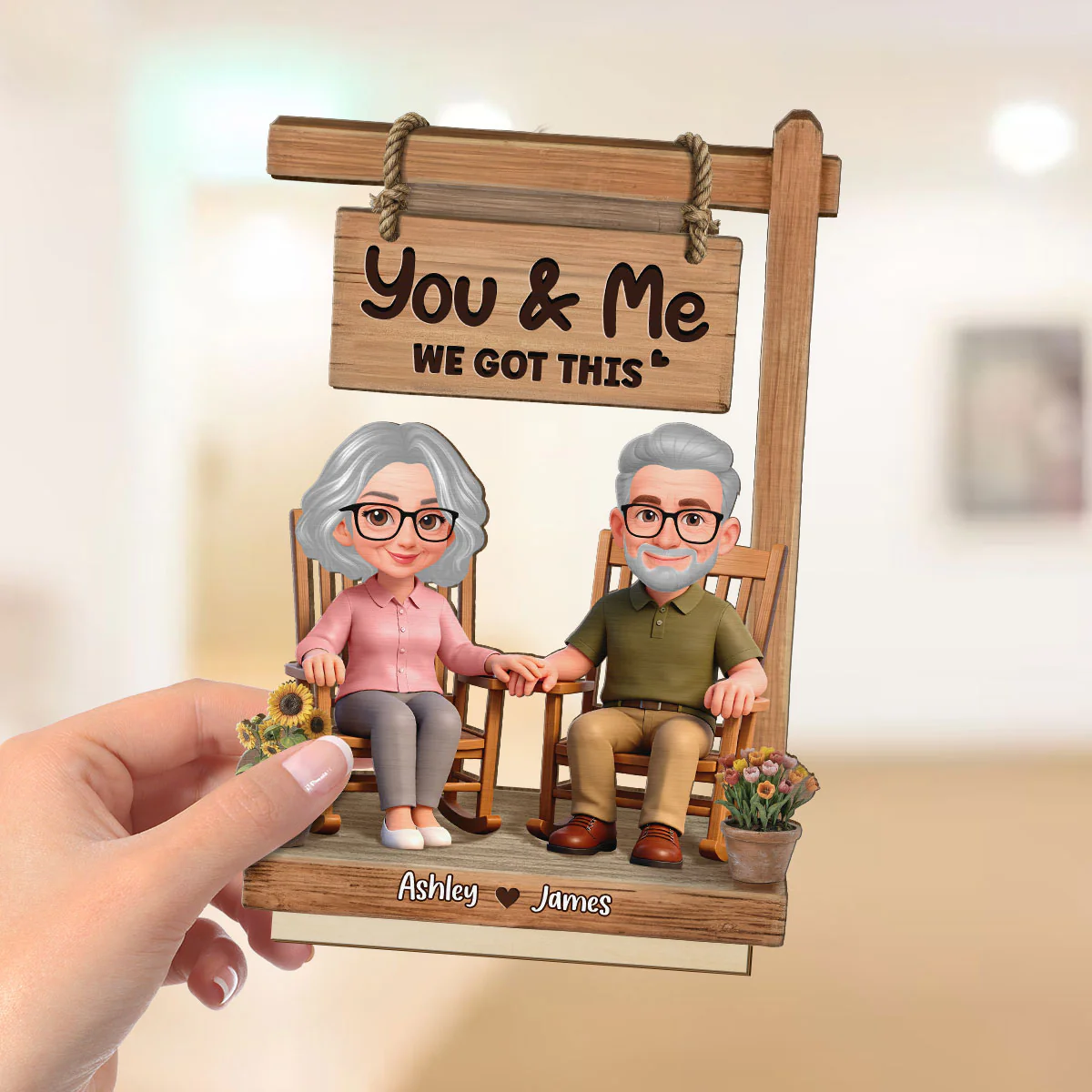 3D Effect Old Couple Sitting On Rocking Chair - Personalized 2-Layered Wooden Plaque - Anniversary, Valentine's Day Gift For Him, Gift For Her - Image 4
