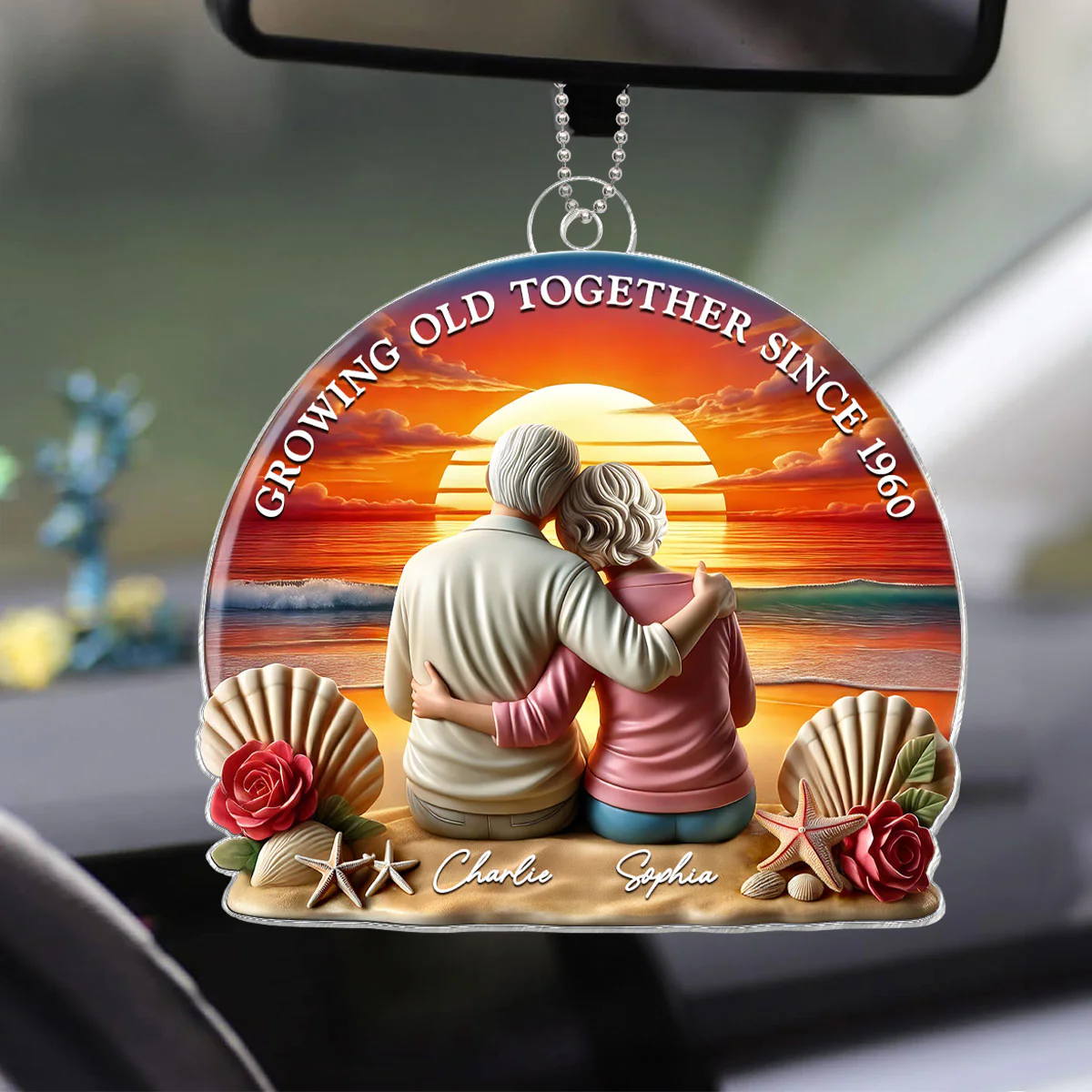 3D Effect Old Couple Sitting Sunset Beach Landscape Personalized Car Hanger Ornament, Heartfelt Gift For Couple, For Him, For Her, Husband, Wife