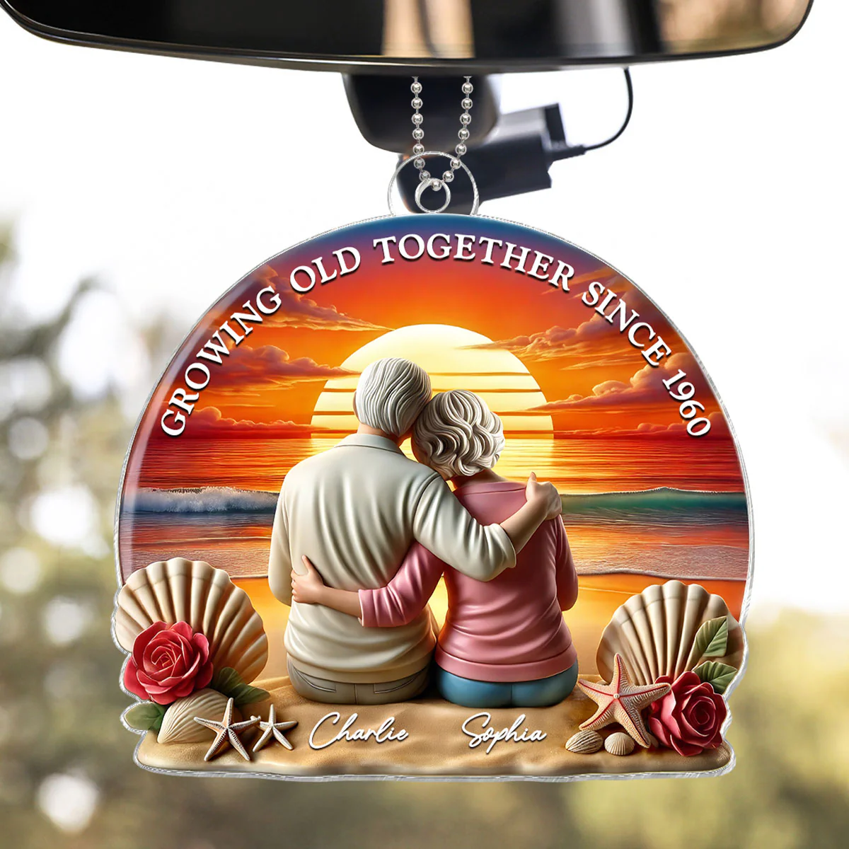 3D Effect Old Couple Sitting Sunset Beach Landscape Personalized Car Hanger Ornament, Heartfelt Gift For Couple, For Him, For Her, Husband, Wife - Image 2