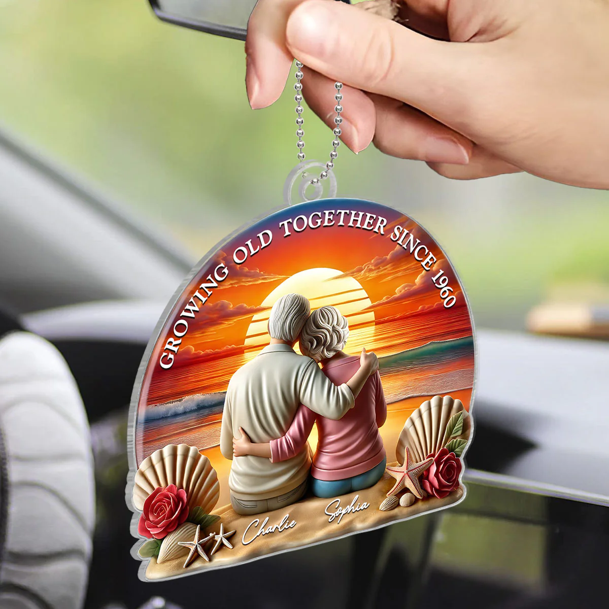 3D Effect Old Couple Sitting Sunset Beach Landscape Personalized Car Hanger Ornament, Heartfelt Gift For Couple, For Him, For Her, Husband, Wife - Image 3