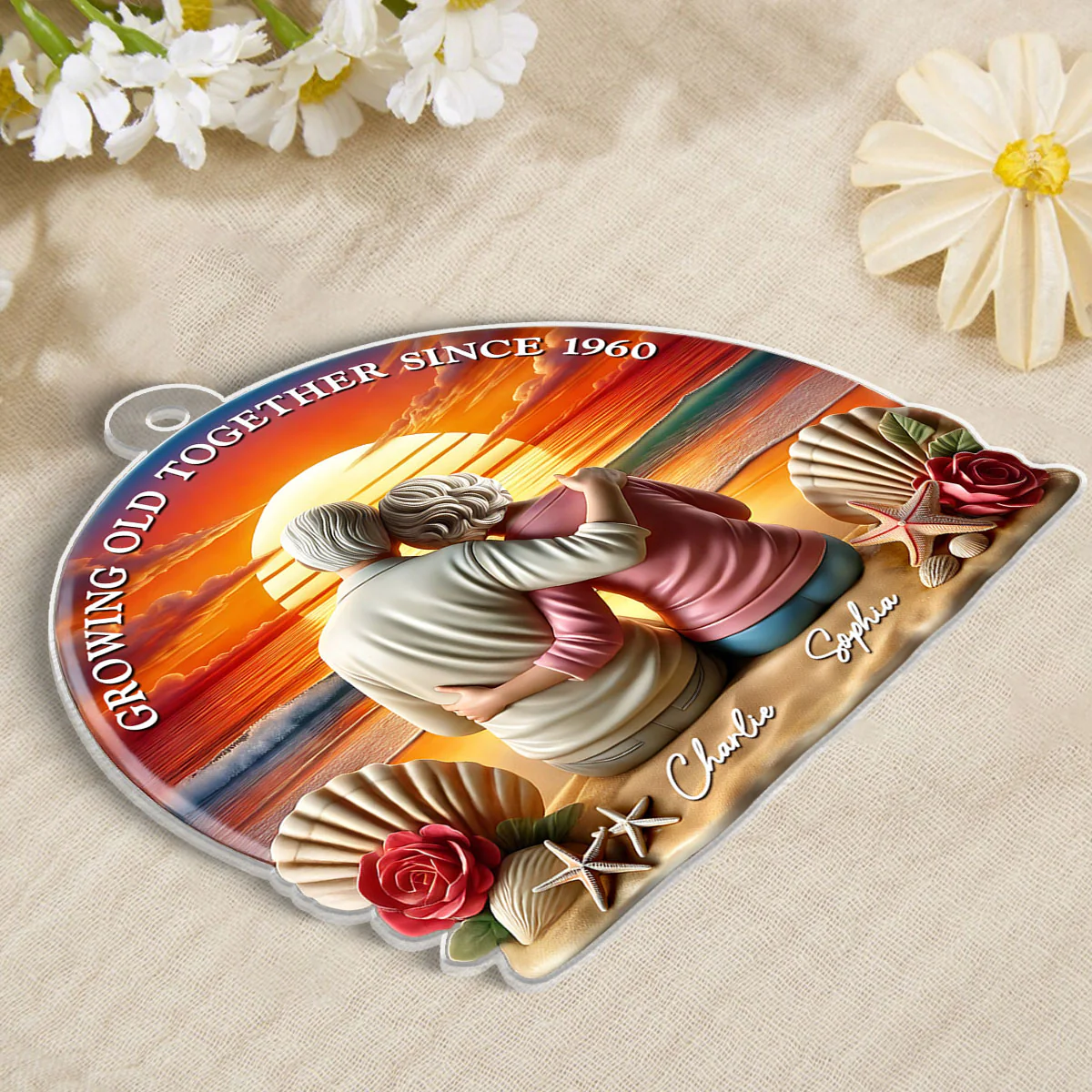3D Effect Old Couple Sitting Sunset Beach Landscape Personalized Car Hanger Ornament, Heartfelt Gift For Couple, For Him, For Her, Husband, Wife - Image 4