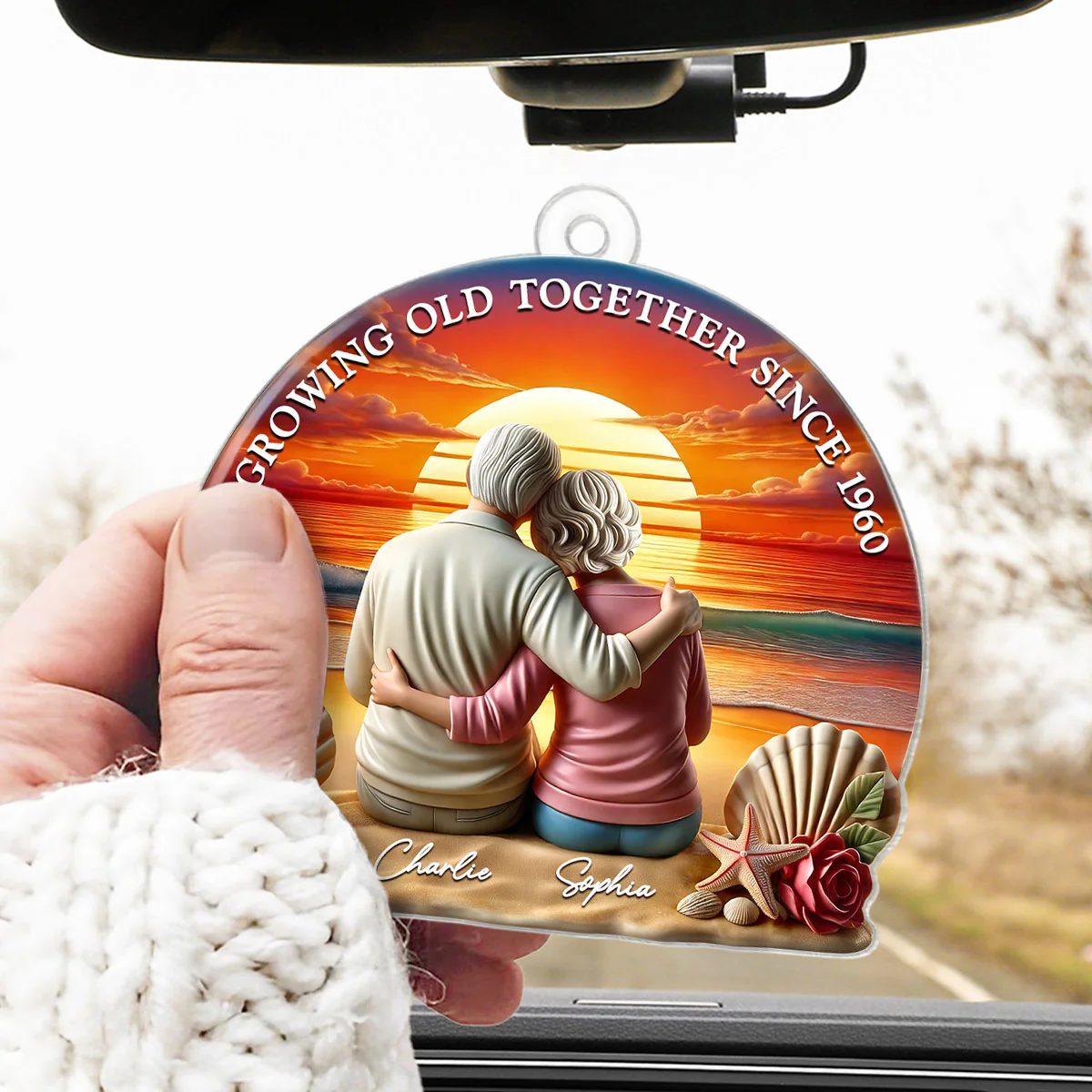 3D Effect Old Couple Sitting Sunset Beach Landscape Personalized Car Hanger Ornament, Heartfelt Gift For Couple, For Him, For Her, Husband, Wife - Image 5