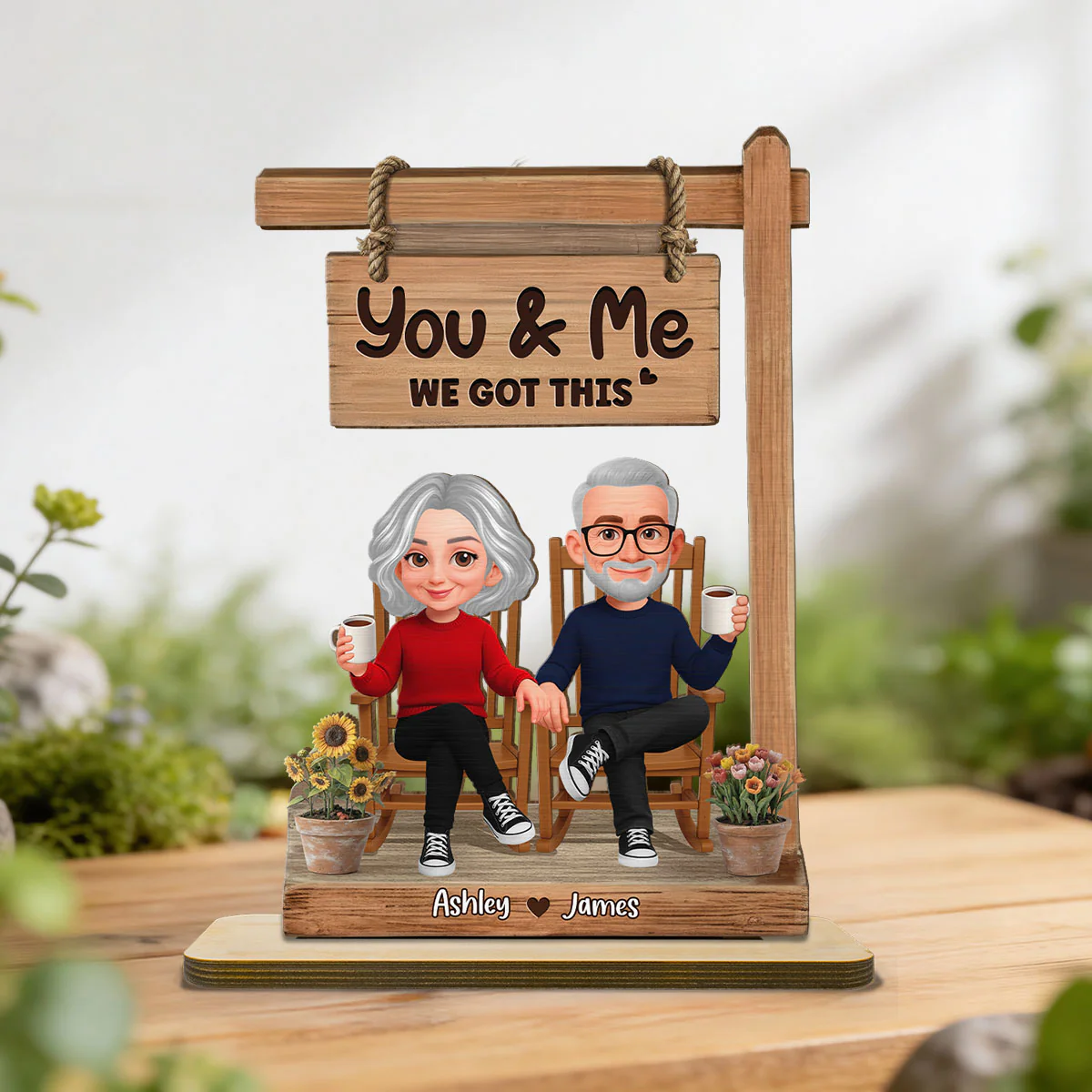 3D Effect Old Couple Sitting Together - Personalized 2-Layered Wooden Plaque - Anniversary, Valentine's Day Gift For Him, Gift For Her