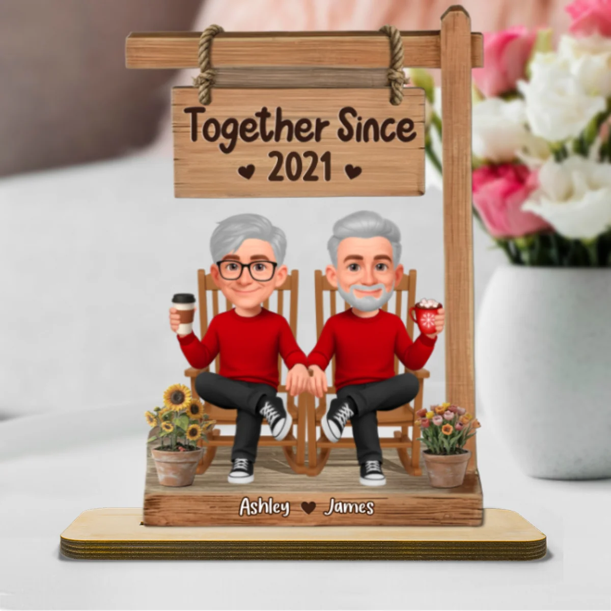 3D Effect Old Couple Sitting Together - Personalized 2-Layered Wooden Plaque - Anniversary, Valentine's Day Gift For Him, Gift For Her - Image 10