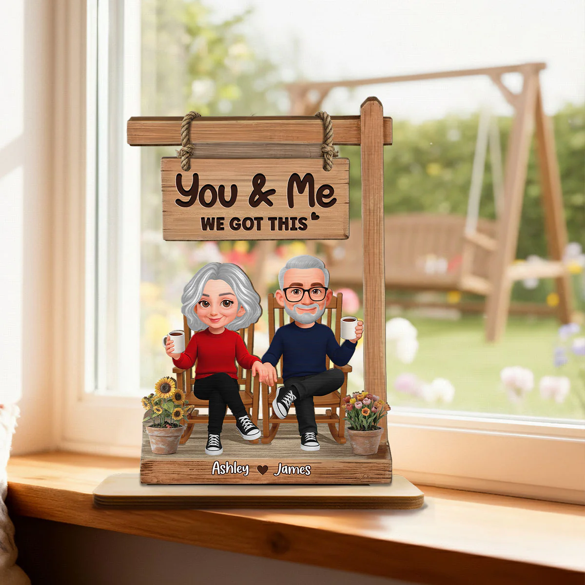 3D Effect Old Couple Sitting Together - Personalized 2-Layered Wooden Plaque - Anniversary, Valentine's Day Gift For Him, Gift For Her - Image 2