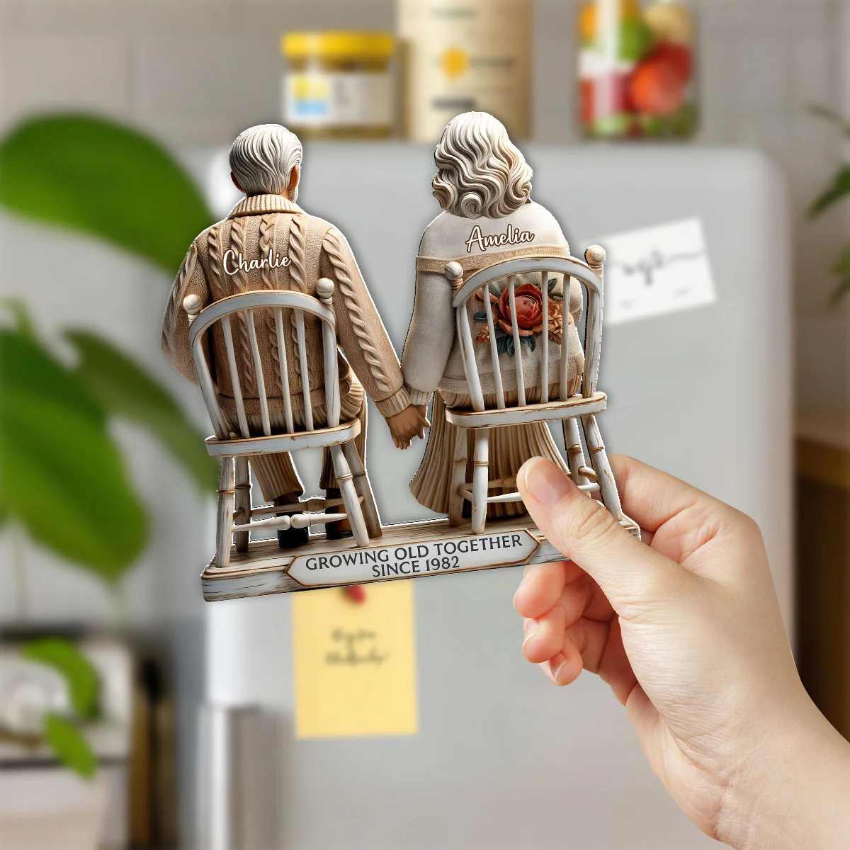 3D Effect Old Couple Sitting Together Personalized Acrylic Fridge Magnet, Heartfelt Gift For Couple, For Him, For Her, Husband, Wife - Image 3