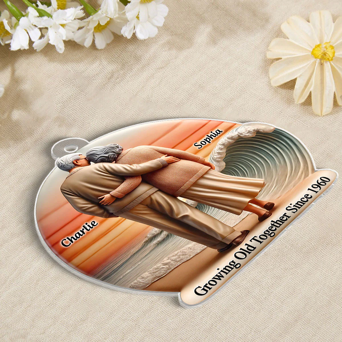 3D Effect Old Couple Walking Sunset Beach Landscape Personalized Car Hanger Ornament, Heartfelt Gift For Couple, For Him, For Her, Husband, Wife - Image 4