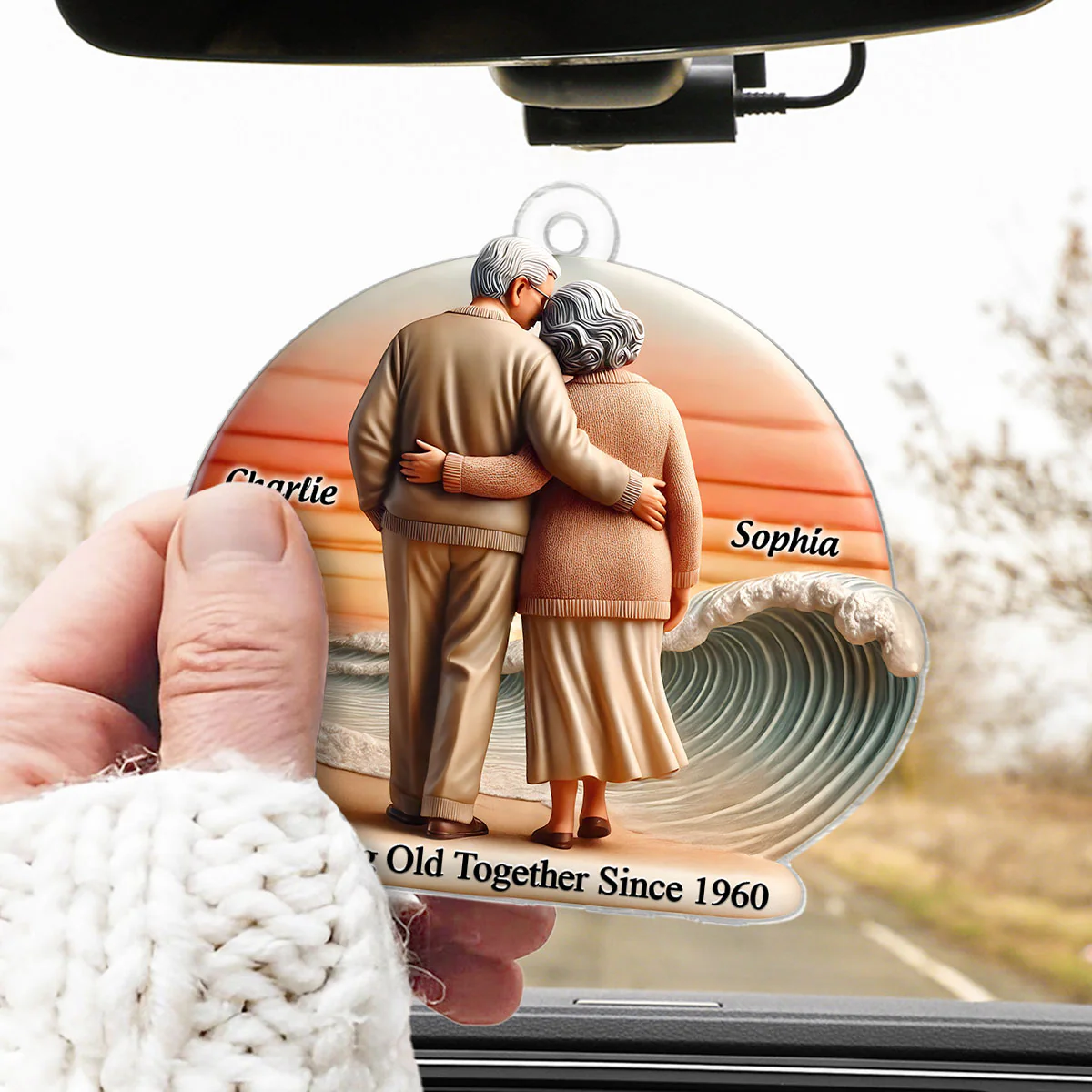 3D Effect Old Couple Walking Sunset Beach Landscape Personalized Car Hanger Ornament, Heartfelt Gift For Couple, For Him, For Her, Husband, Wife - Image 5