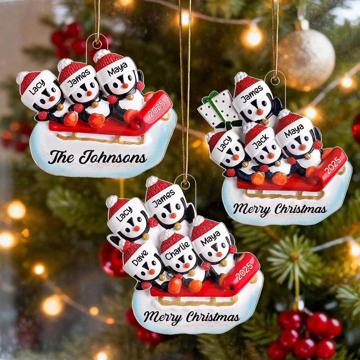 3D Effect Penguin Family On Sled - Personalized Acrylic Ornament - Image 4