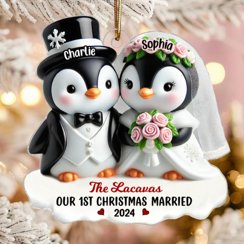 3D Effect Penguins Just Married Couple Groom & Bride Wedding First Christmas Together Personalized Acrylic Ornament - Image 7