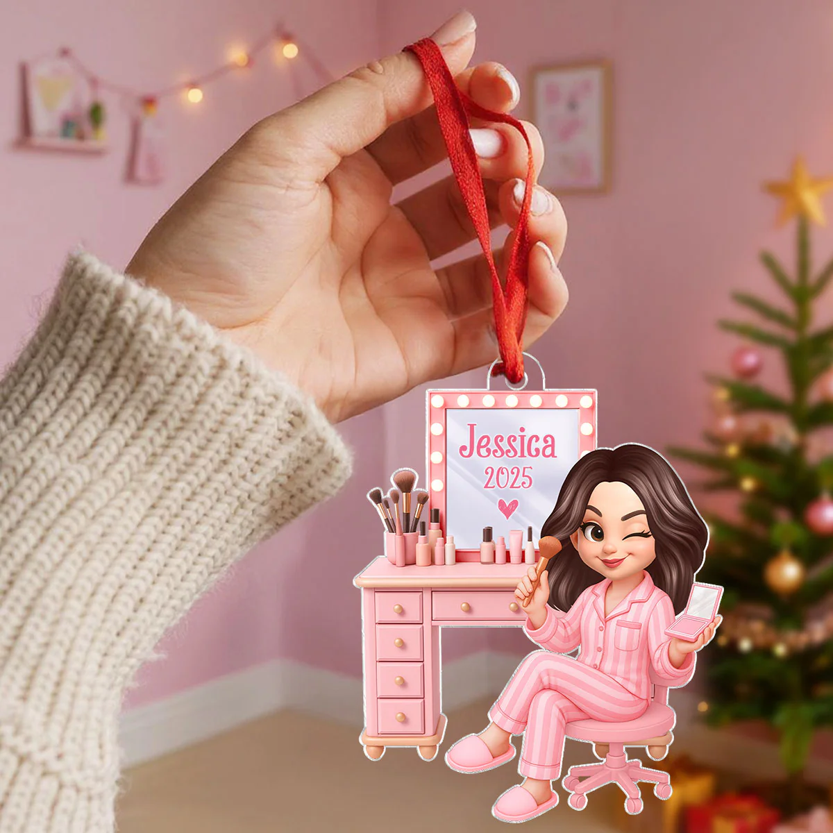 3D Effect Pink Girl Makeup - Personalized Acrylic Ornament - Christmas Gift for Daughters, Granddaughters, Teen Girls - Image 4