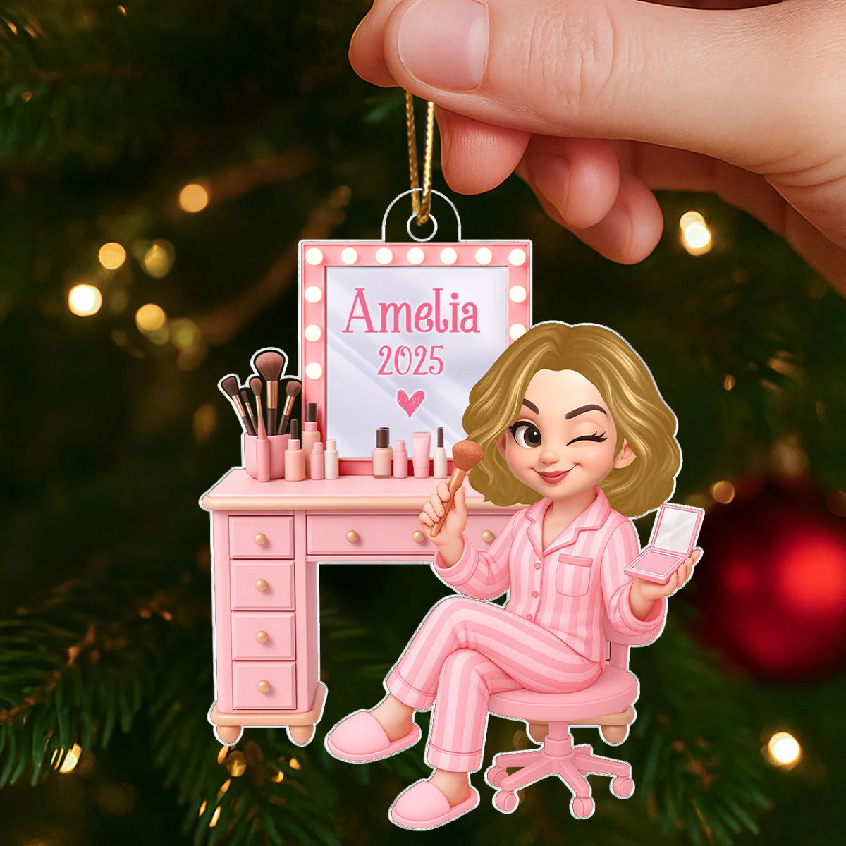 3D Effect Pink Girl Makeup - Personalized Acrylic Ornament - Christmas Gift for Daughters, Granddaughters, Teen Girls - Image 5