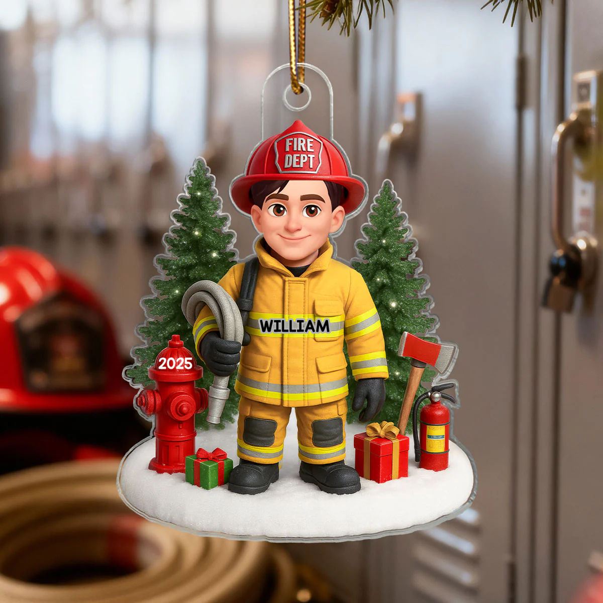 3D Effect Proud Firefighter With Signature Symbols Christmas - Personalized Acrylic Ornament - Image 3