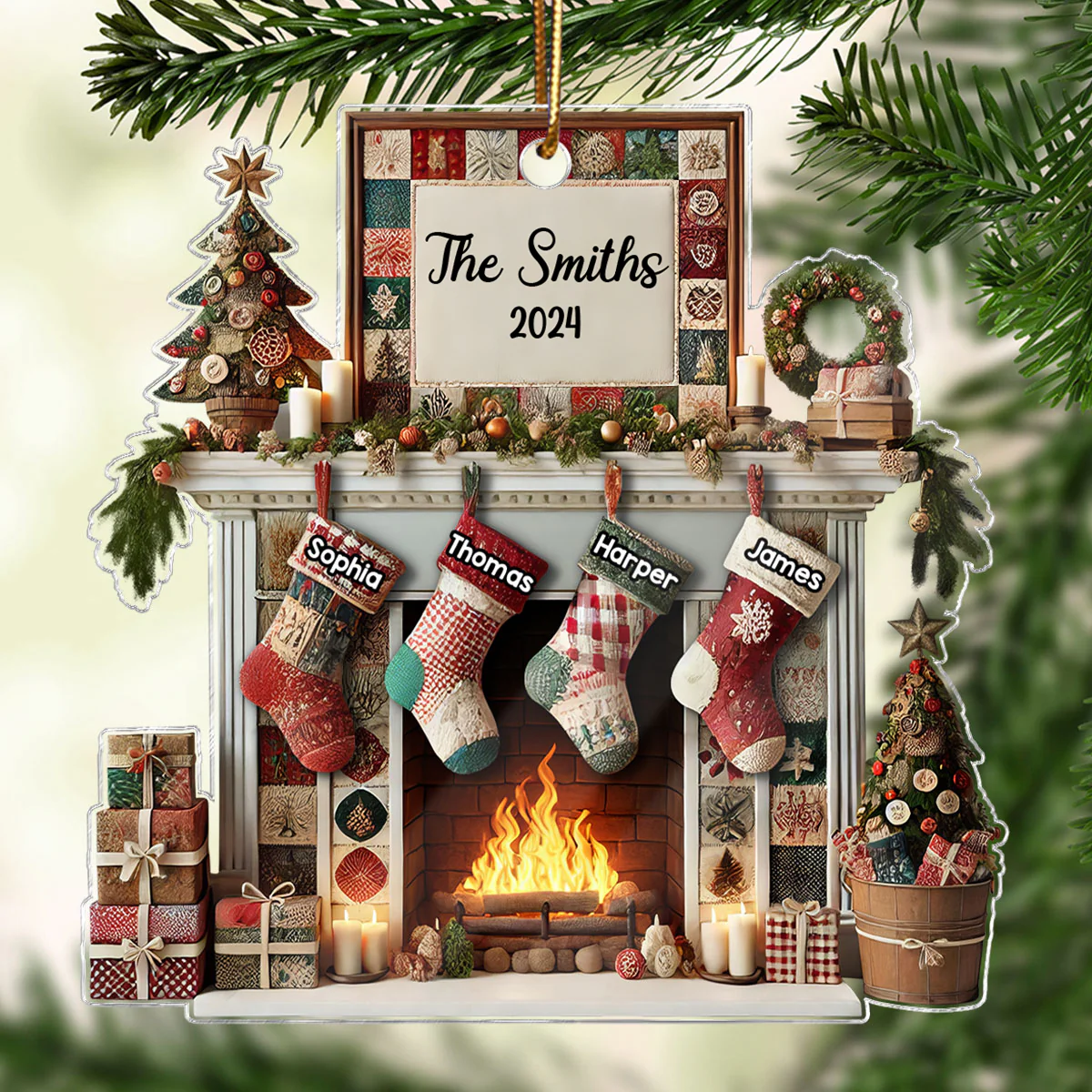 3D Effect Quilting Patchwork Fabric Patterns Fireplace Family Names Christmas Personalized Acrylic Ornament - Image 3