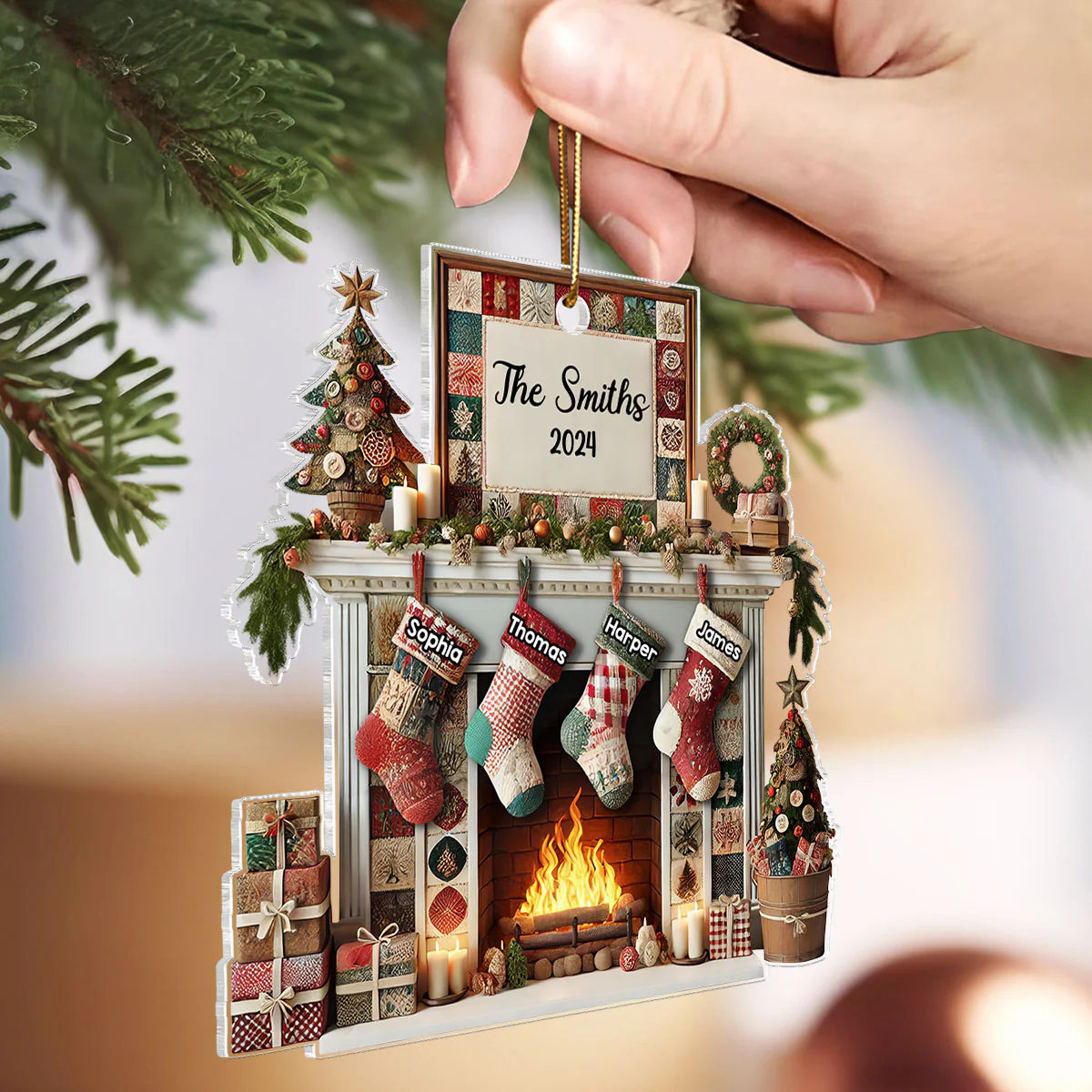 3D Effect Quilting Patchwork Fabric Patterns Fireplace Family Names Christmas Personalized Acrylic Ornament - Image 4