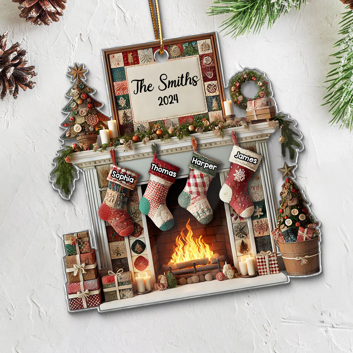 3D Effect Quilting Patchwork Fabric Patterns Fireplace Family Names Christmas Personalized Acrylic Ornament - Image 5