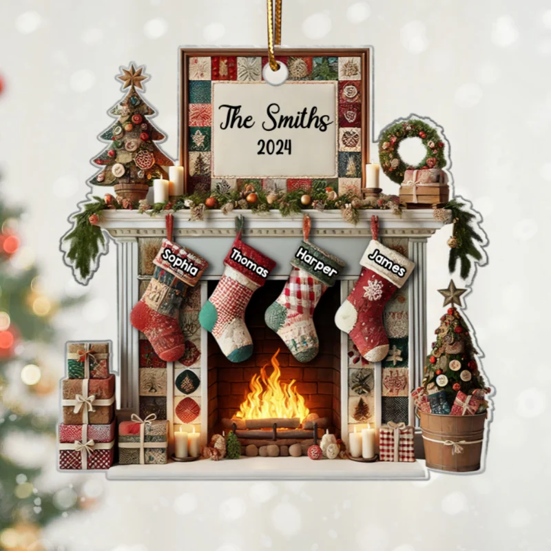 3D Effect Quilting Patchwork Fabric Patterns Fireplace Family Names Christmas Personalized Acrylic Ornament - Image 7