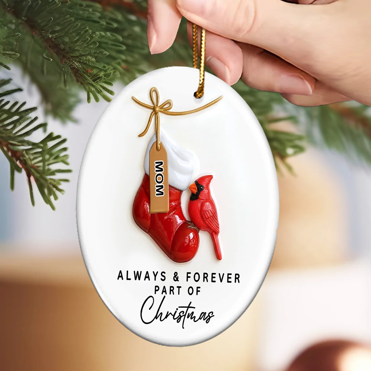 3D Effect Robin Cardinal On Stocking Always & Forever Part Of Christmas - Personalized Ceramic Ornament - Image 2