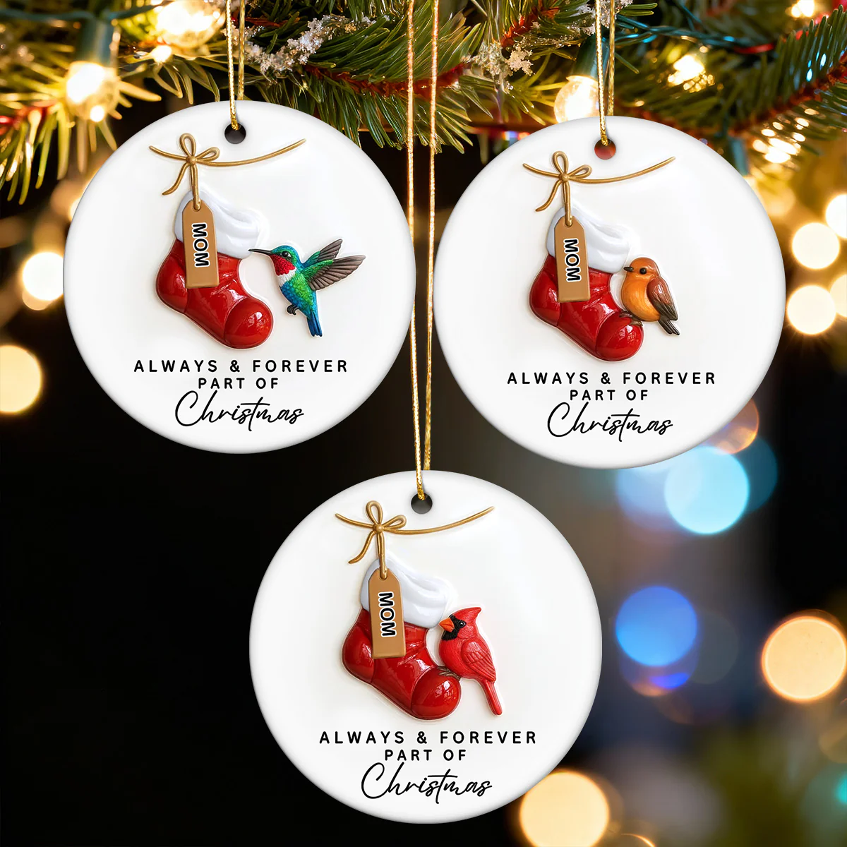 3D Effect Robin Cardinal On Stocking Always & Forever Part Of Christmas - Personalized Ceramic Ornament - Image 3