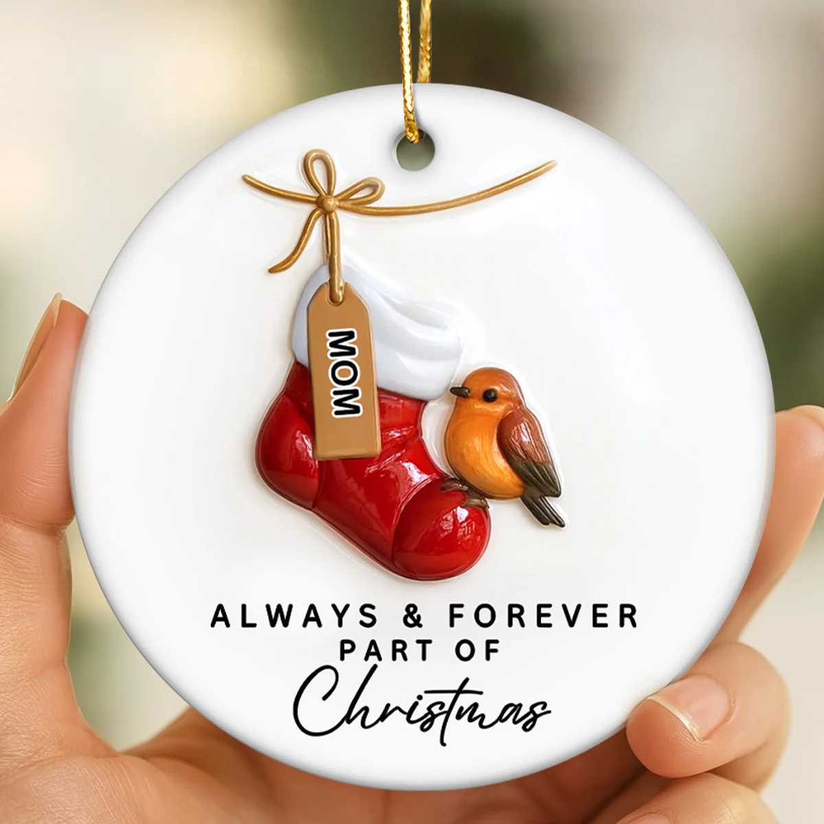 3D Effect Robin Cardinal On Stocking Always & Forever Part Of Christmas - Personalized Ceramic Ornament - Image 4
