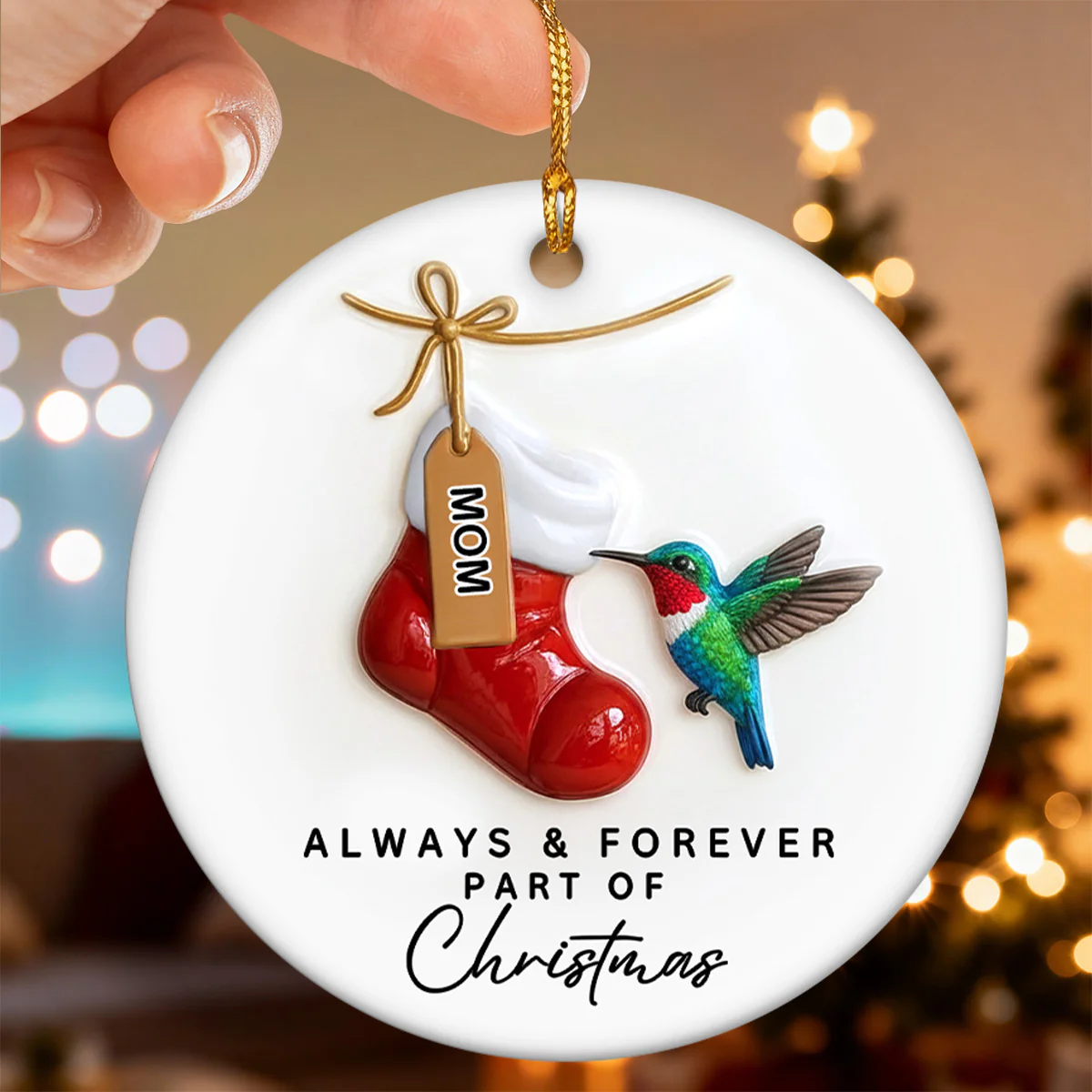 3D Effect Robin Cardinal On Stocking Always & Forever Part Of Christmas - Personalized Ceramic Ornament - Image 5