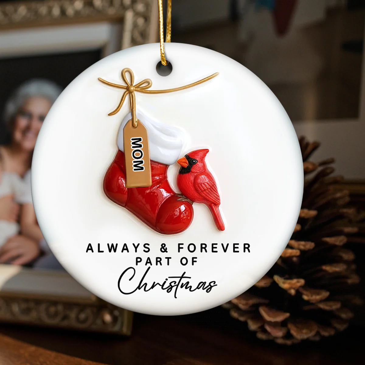 3D Effect Robin Cardinal On Stocking Always & Forever Part Of Christmas - Personalized Ceramic Ornament - Image 7