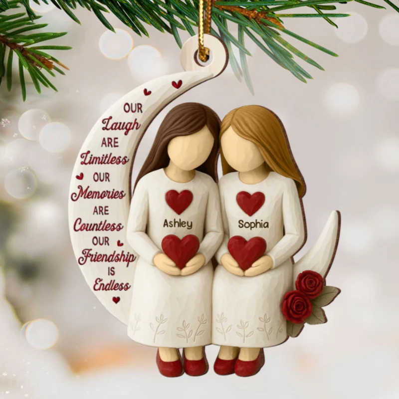 3D Effect Roses Besties On Moon - Personalized Wooden Ornament - Christmas Gift For Best Friends - Image 14
