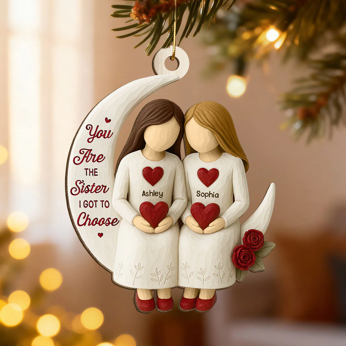 3D Effect Roses Besties On Moon - Personalized Wooden Ornament - Christmas Gift For Best Friends - Image 2