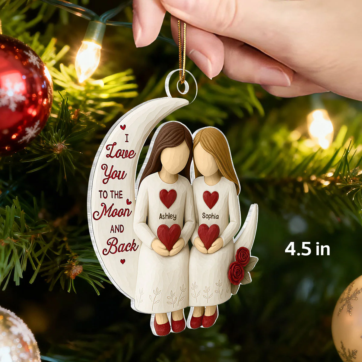 3D Effect Roses Besties On Moon - Personalized Wooden Ornament - Christmas Gift For Best Friends - Image 3