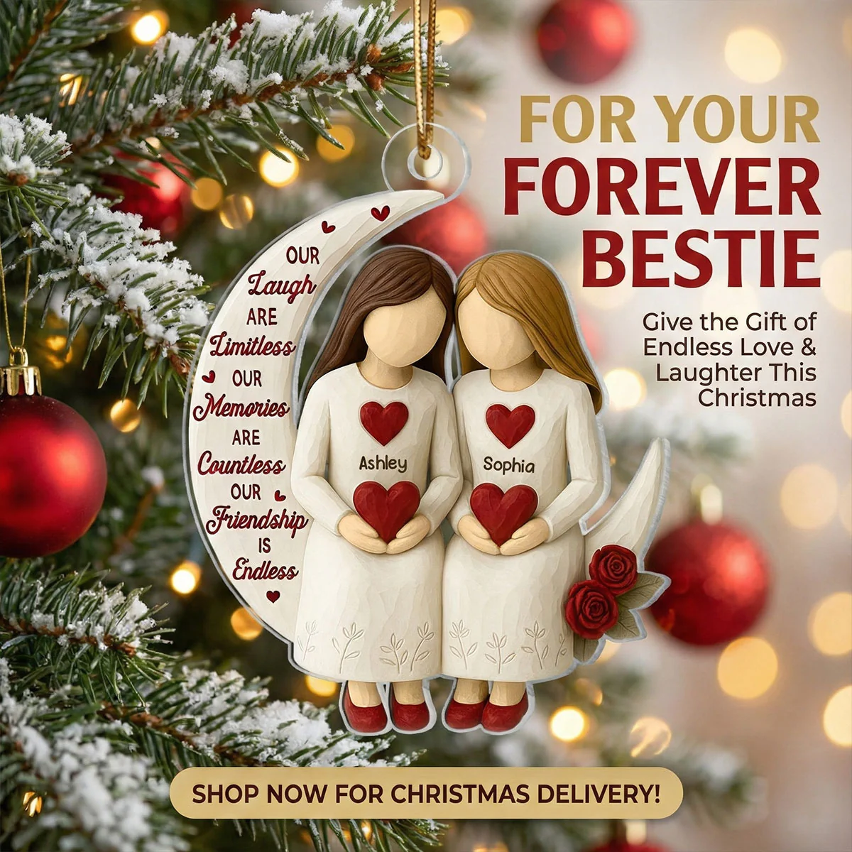 3D Effect Roses Besties On Moon - Personalized Wooden Ornament - Christmas Gift For Best Friends - Image 4