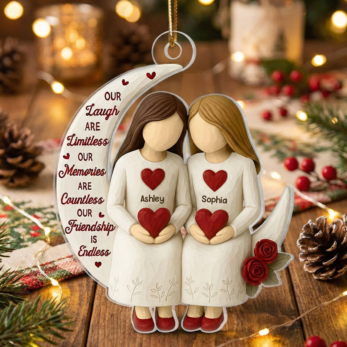 3D Effect Roses Besties On Moon - Personalized Wooden Ornament - Christmas Gift For Best Friends - Image 7