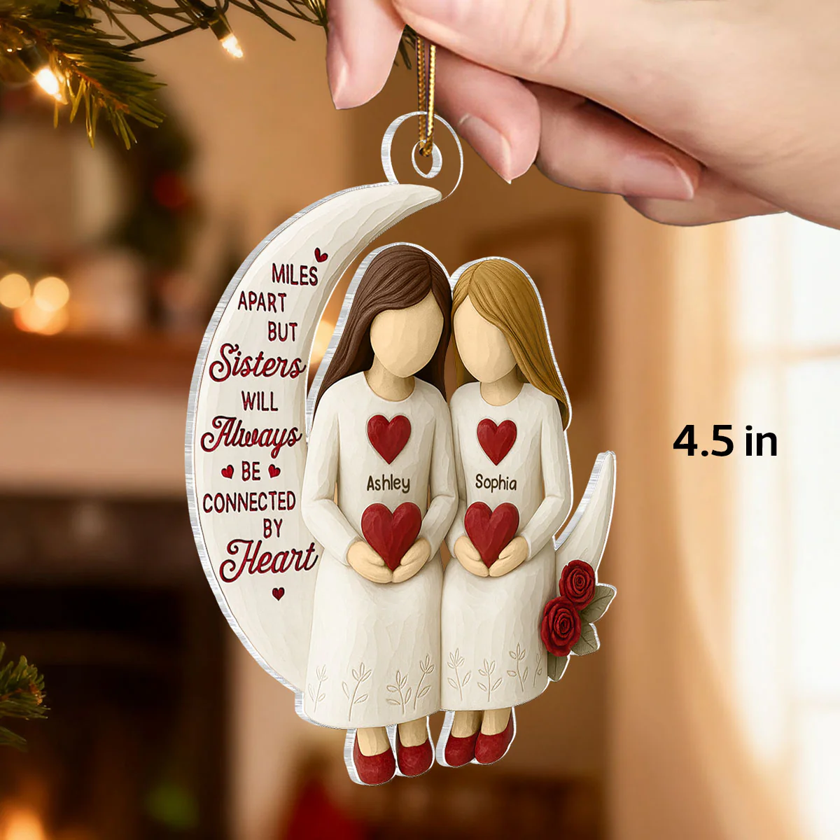3D Effect Roses Sisters On Moon Wooden Texture - Personalized Acrylic Ornament - Christmas Gift For Sisters - Image 2