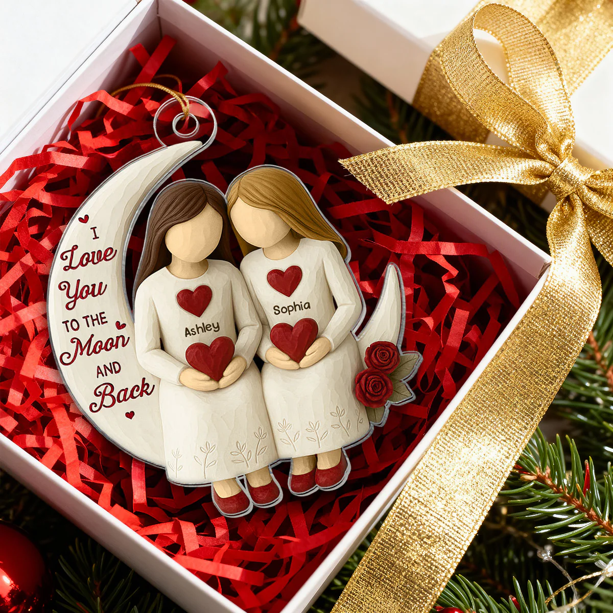3D Effect Roses Sisters On Moon Wooden Texture - Personalized Acrylic Ornament - Christmas Gift For Sisters - Image 3