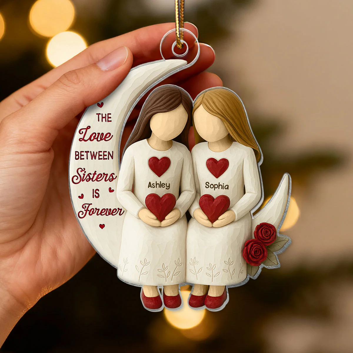 3D Effect Roses Sisters On Moon Wooden Texture - Personalized Acrylic Ornament - Christmas Gift For Sisters - Image 4