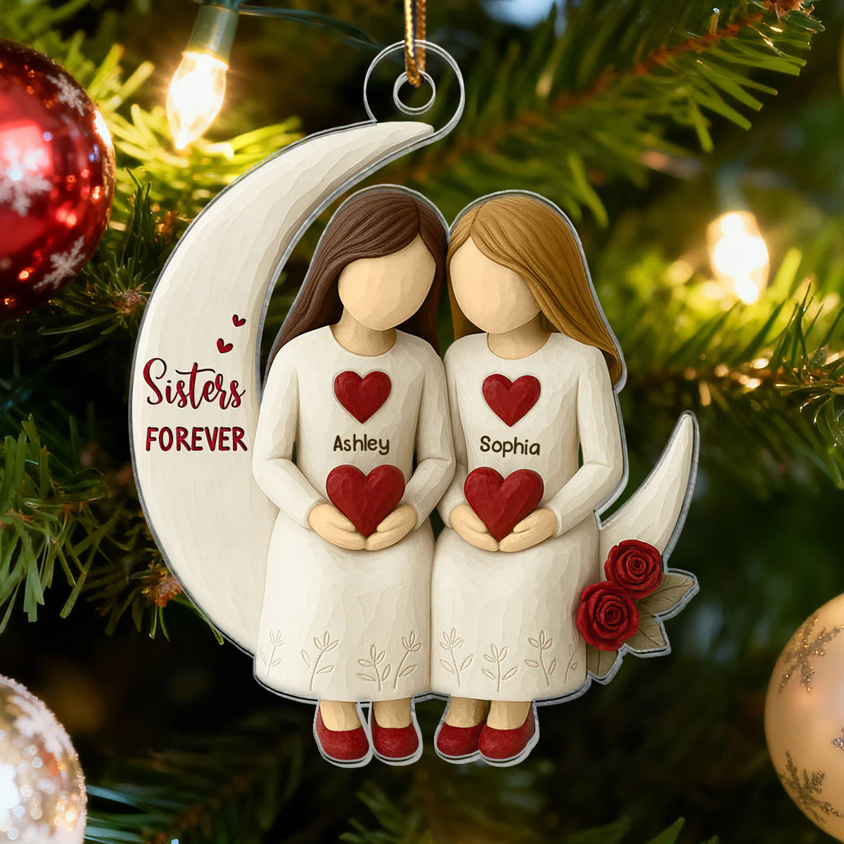 3D Effect Roses Sisters On Moon Wooden Texture - Personalized Acrylic Ornament - Christmas Gift For Sisters - Image 5